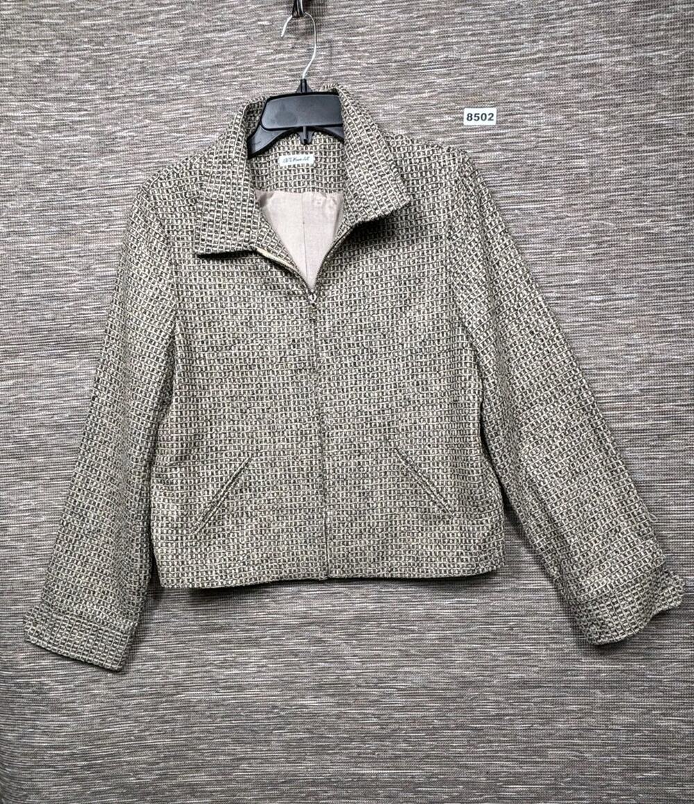 Ann May 100% Woven Silk Blazer Jacket Womens Size 6 Beige Black Full Zip Casual